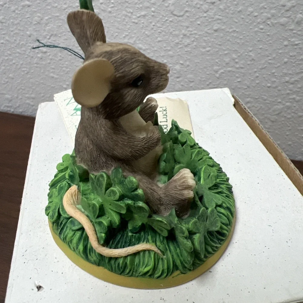 Charming Tails Fitz & Floyd "Good Luck" Mouse 4 Leaf Clover Shamrocks Figurine - Picture 8 of 14